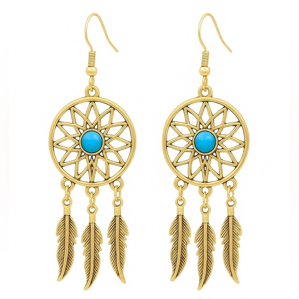 NEW | Western Style Gold Dreamcatcher Earrings with Turquoise Stone 🔵